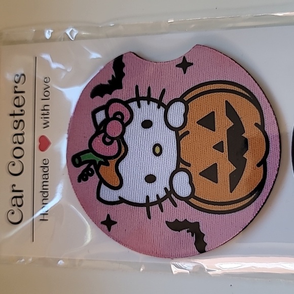 Cat with Pumpkin Handmade Reuseable Neoprene Set of 2 Car Coaster - Picture 3 of 4